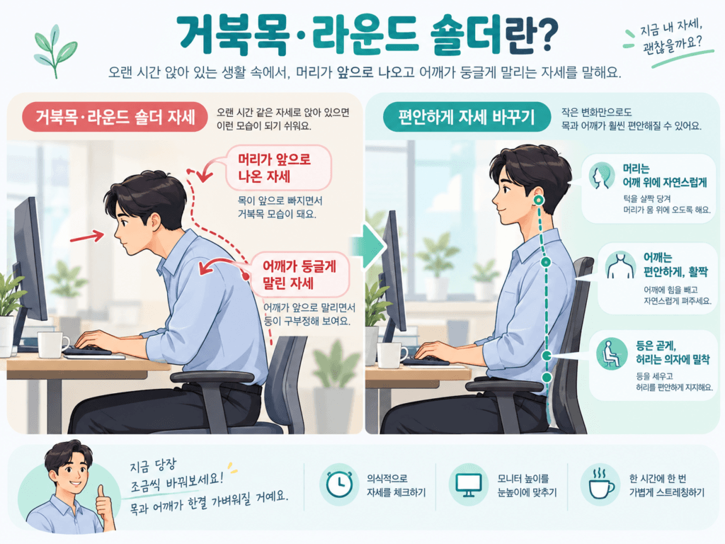 거북목과 라운드 숄더의 구부정한 앉은 자세와 바른 자세를 비교한 인포그래픽