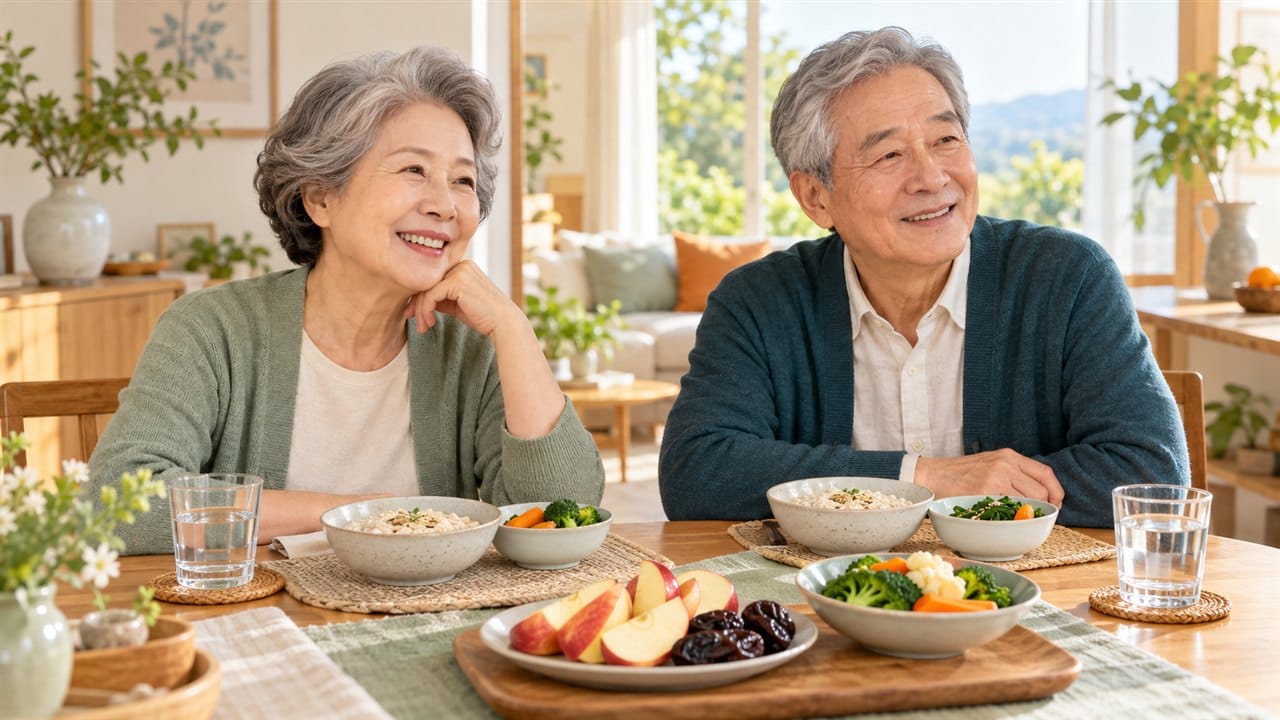 노인 변비 관리법에서 소개하는 부드러운 음식과 물을 곁들인 노부부의 식사.