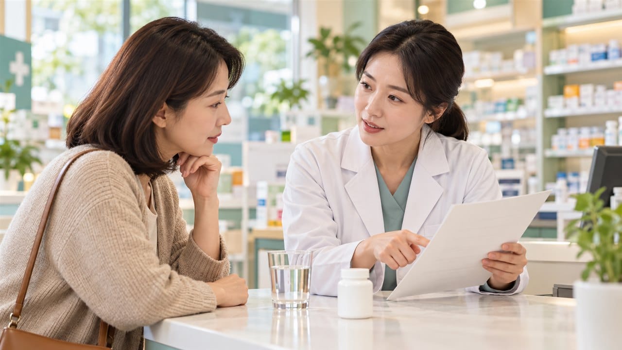 마그네슘 변비 보조제 복용 전 약사에게 상담하는 여성