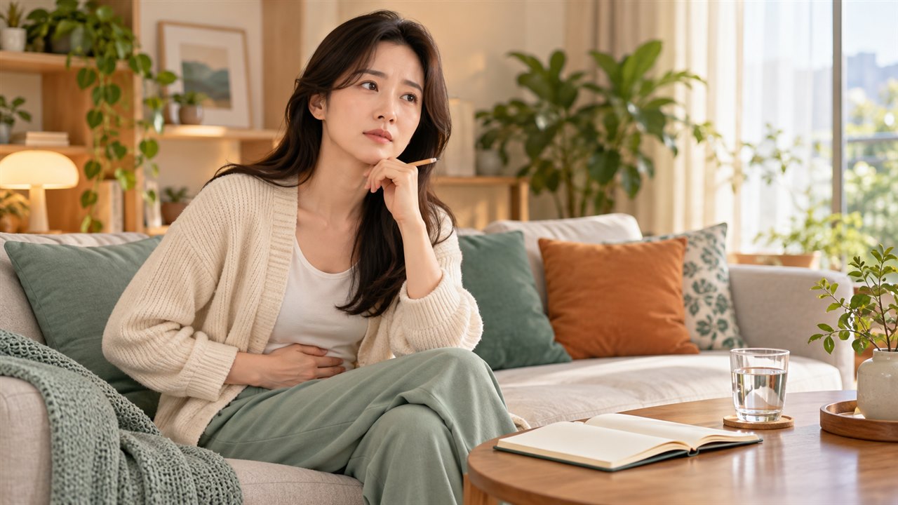 만성 변비와 복부 불편감을 살피며 증상 기록을 준비하는 여성
