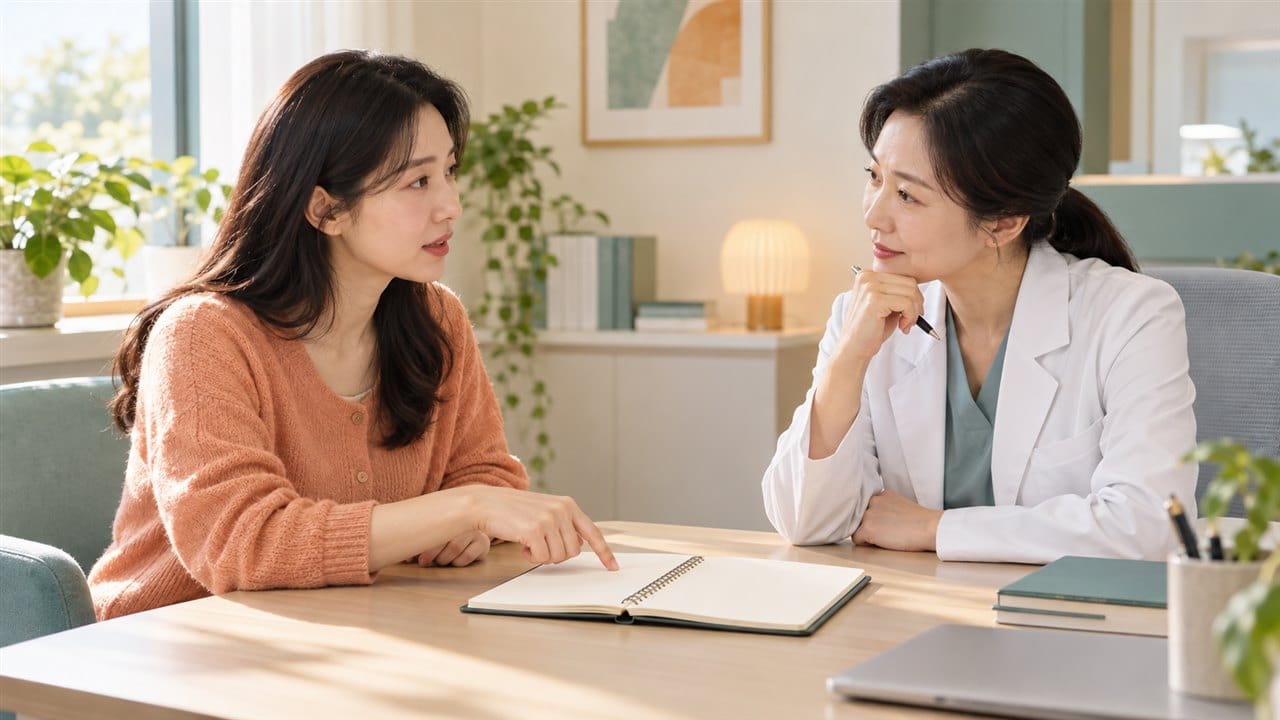 만성 변비 상담 중 수첩을 가리키는 여성과 이야기를 듣는 의료진