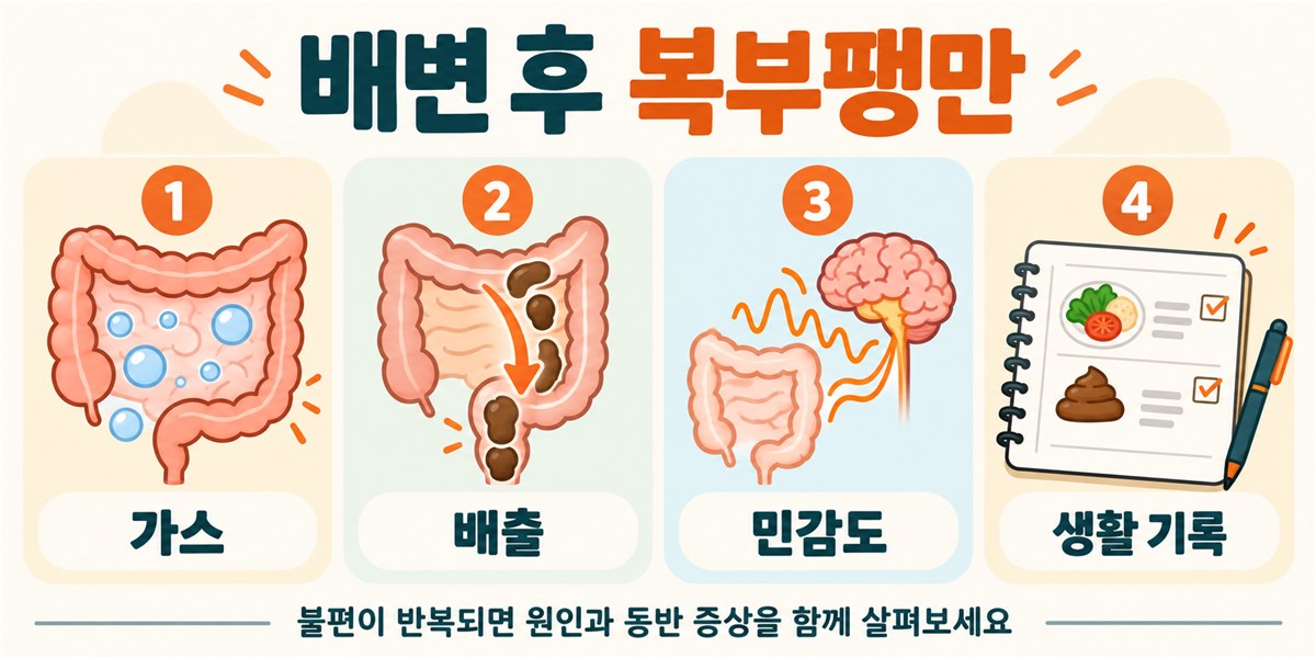 배변 후 복부팽만, 대변 보고도 배가 빵빵한 이유 4가지 2 배변 후 복부팽만, 대변 보고도 배가 빵빵한 이유 4가지 배변 후 복부팽만의 네 가지 가능 원인인 잔변감, 가스 생성, 공기 삼킴, 장 민감성을 비교한 인포그래픽