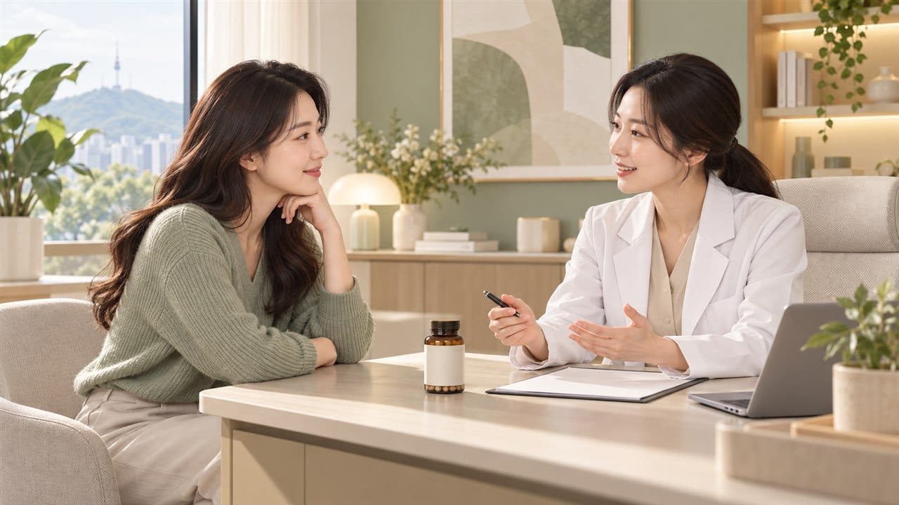 여자 변비와 철분제 복용 관련 생활습관을 의료진과 상담하는 여성