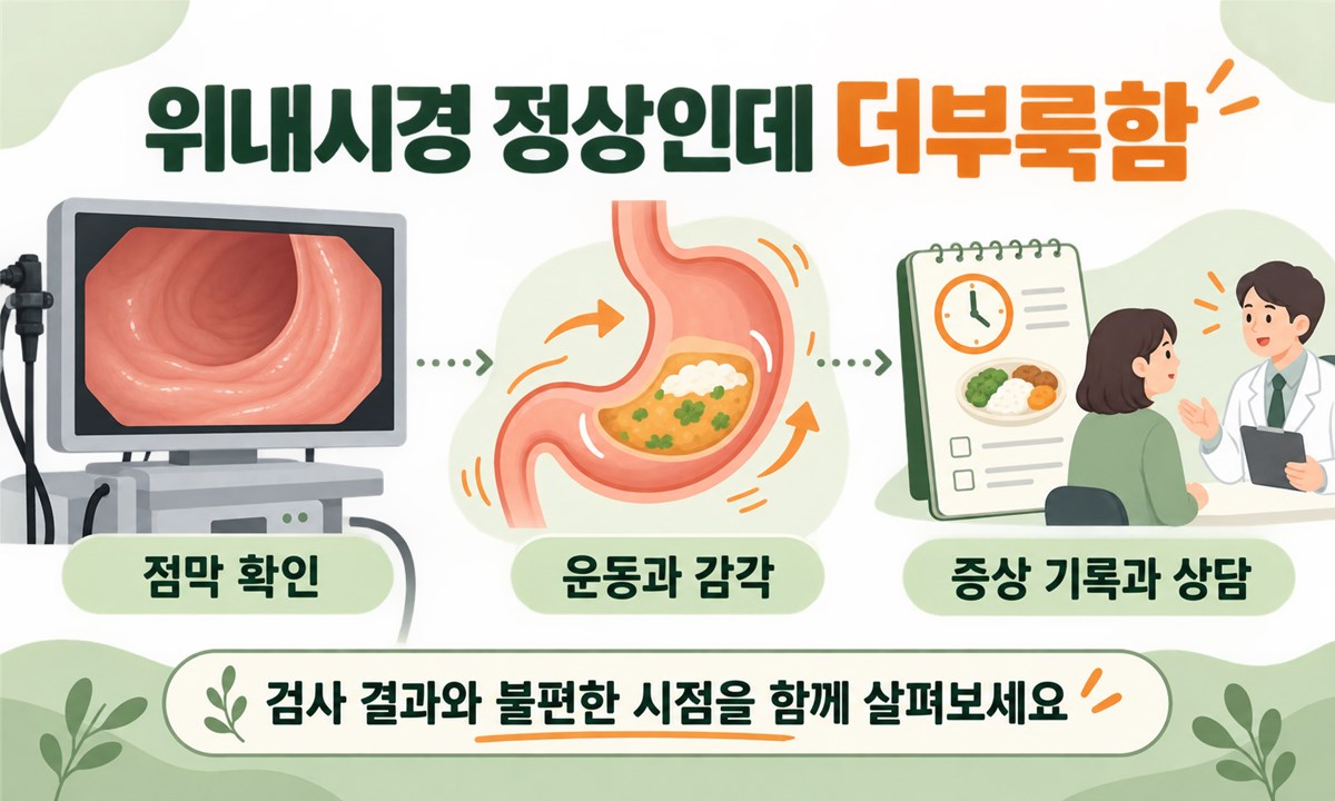 위내시경 정상이어도 식후 더부룩함이 생길 수 있는 위의 기능과 증상 기록 항목을 정리한 인포그래픽